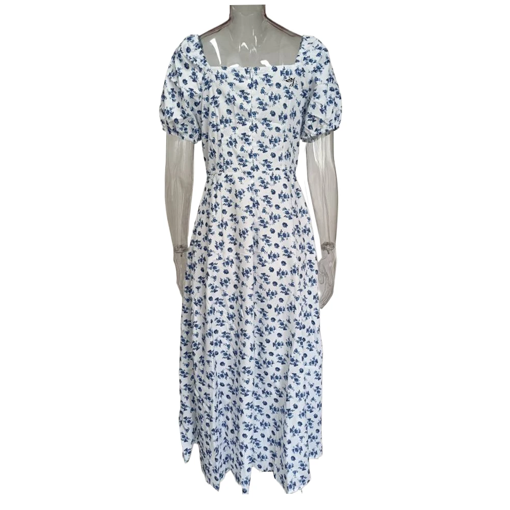SMO Floral Print Dress Short Sleeves Split OEM Casual Maxi Square Neck Dress Floral Casual Dresses