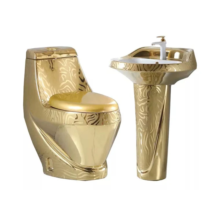 Royal vintage bathroom luxury sanitary ware golden plated toilet bowl pedestal wash basin sink ceramic gold toilet set