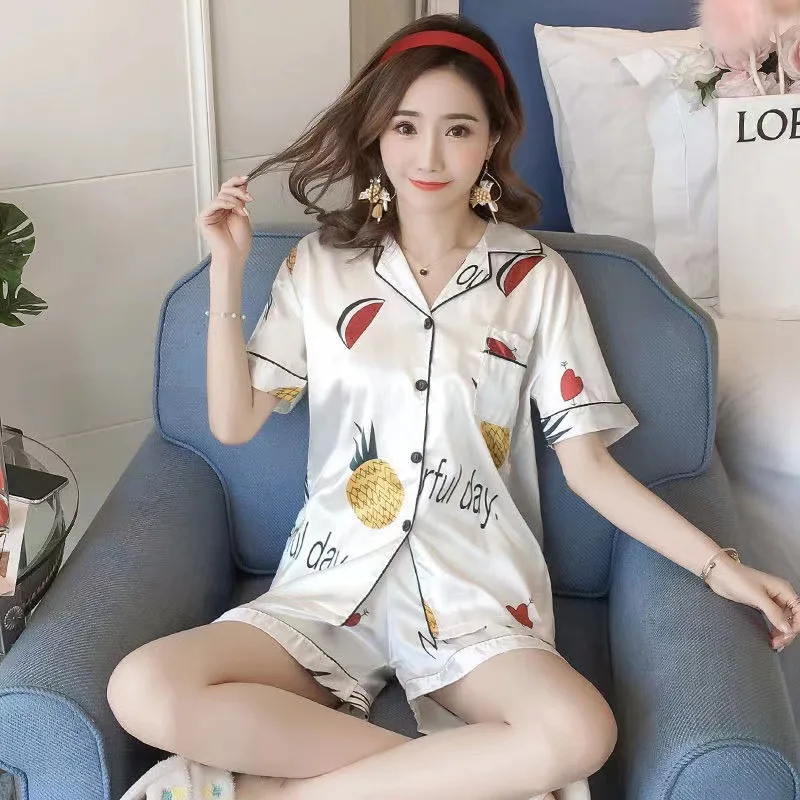 Ice Silk Satin Summer 2 PCS Pajamas Set Women Short Sleeve Fashion Hot Women Sleepwear For Home Outdoor Wear