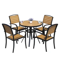 Park patio furniture outdoor garden wood plastic pvc composite wpc picnic dining metal steel table top chair set slat