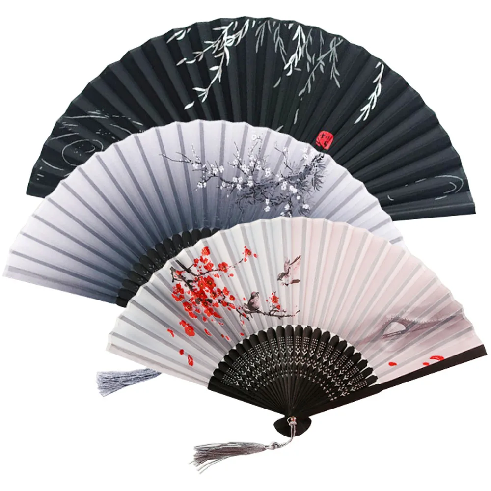 Bamboo Ribs Fabric Portable Folding Oriental Hand Fans with Tassel for Dance Performance Decoration Wedding Party Favor