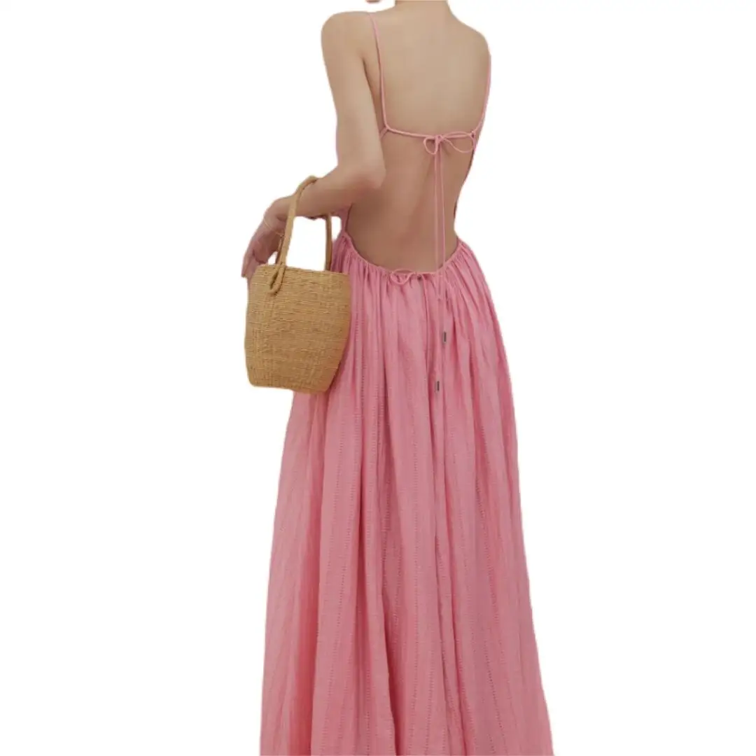 Female  Casual Back Strap Design Large Swing Type Light Peach Pink Lyocell Nylon Maxi Dresses Women High Waist Suspender Dresses