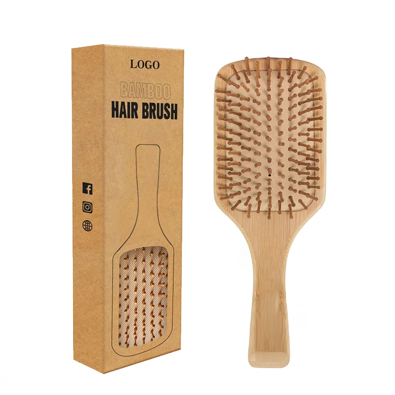 Wholesale Massage Scalp Paddle Hair Brush Private Label Air Cushion Wooden Handle Paddle Brush