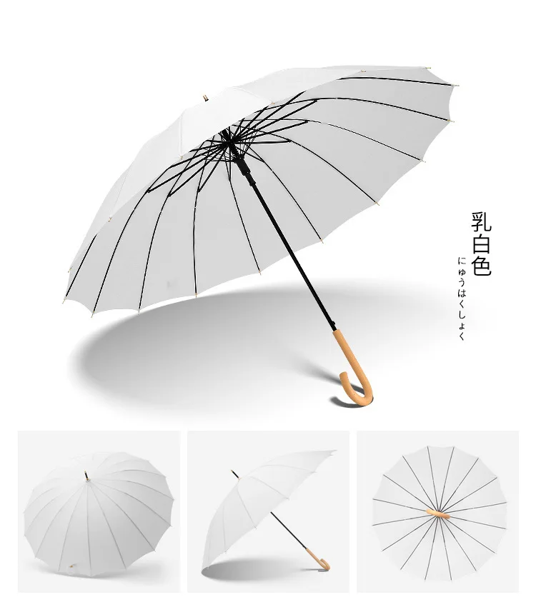 Wholesale 16 Ribs Stick umbrella Strong Windproof Straight Umbrella Wooden Handle Luxury Long Umbrella