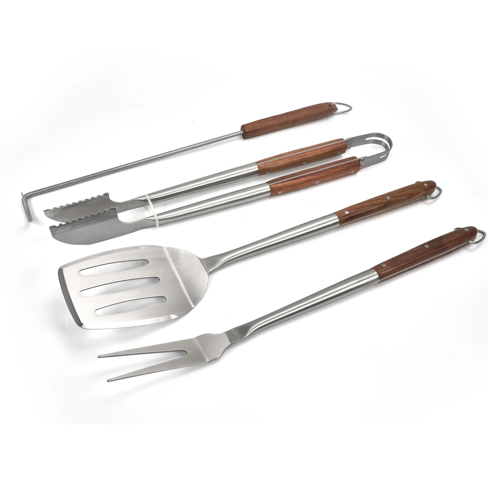 New Arrivals 4 Piece Rose Wood Handle Stainless Steel Barbecue Grill Set
