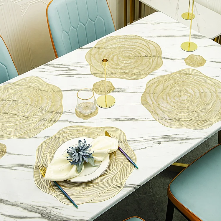 Wedding Decoration Color Desk Pad Rose Shape Plastic Dinner Plate Table Mats Luxury Gold Pvc Placemats For Dining Table