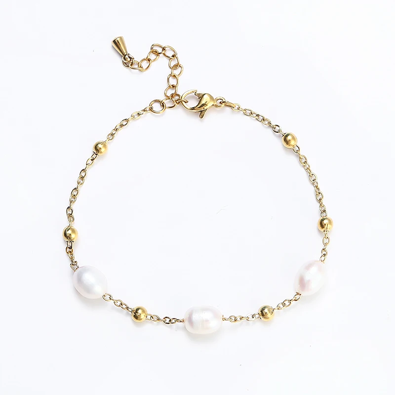 HuPo.HuTu. New Charm Jewelry Women  Gift Freshwater Pearl Chain Waterproof 18K Gold Plated Bead Wrapped Stainless Steel Bracelet