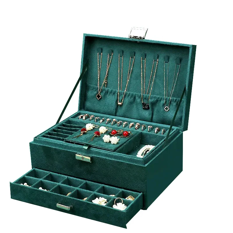 Wholesale Green Velvet Jewellery Case Custom Logo 3 Layers Luxury Jewelry Box for Ring Earring Necklace Storage Organizer