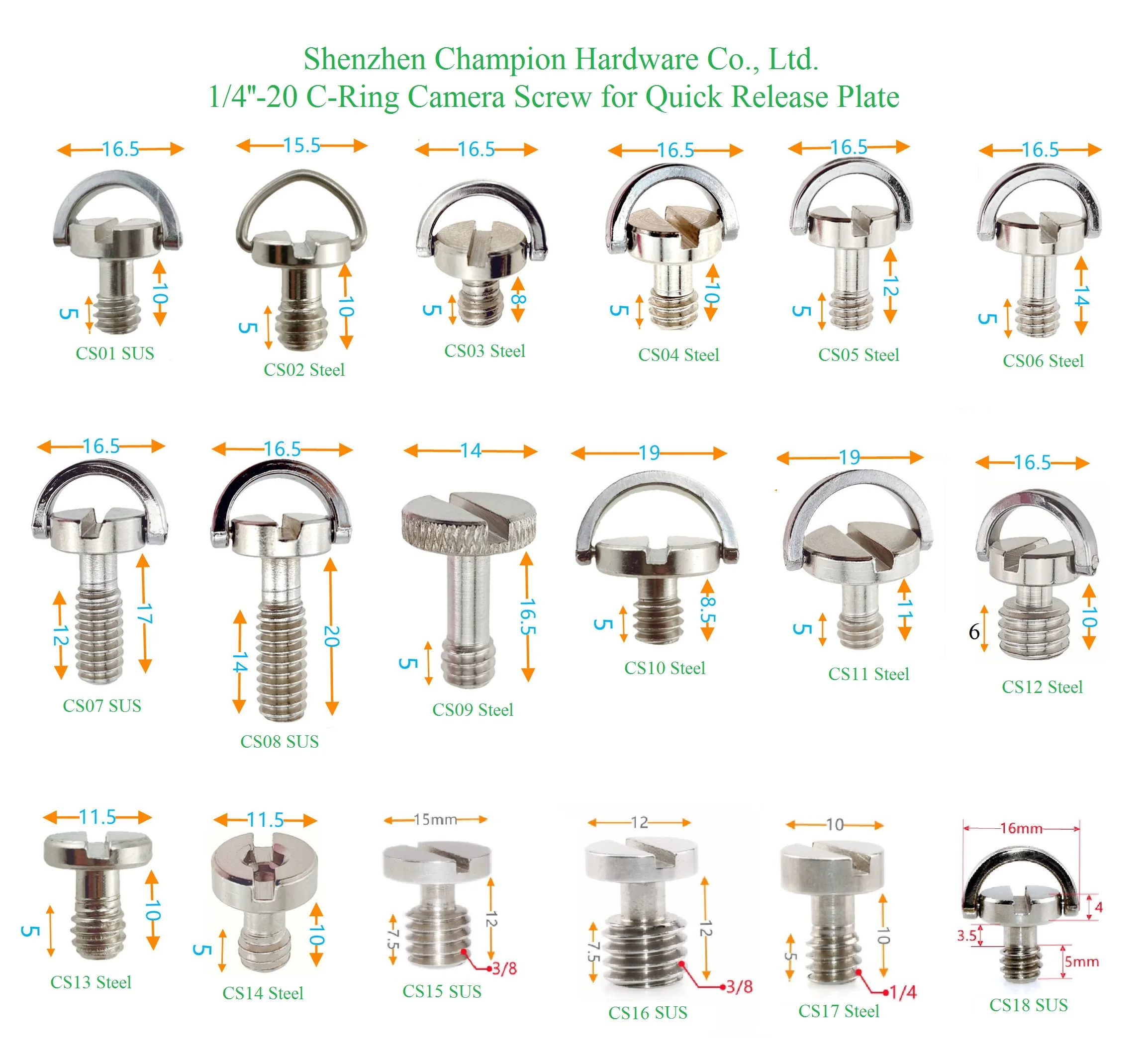 DSLR SLR Camera D-ring C-ring 1/4'-20 Slotted Stainless Steel Screw for Connection Tripod Monopod Quick Release Mounting Plate