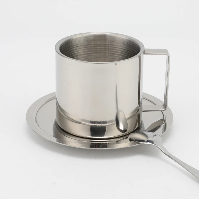 Hot Sale Double Wall Tea Cup Saucers Stainless Steel Espresso Cup Coffee Cup Mug Set