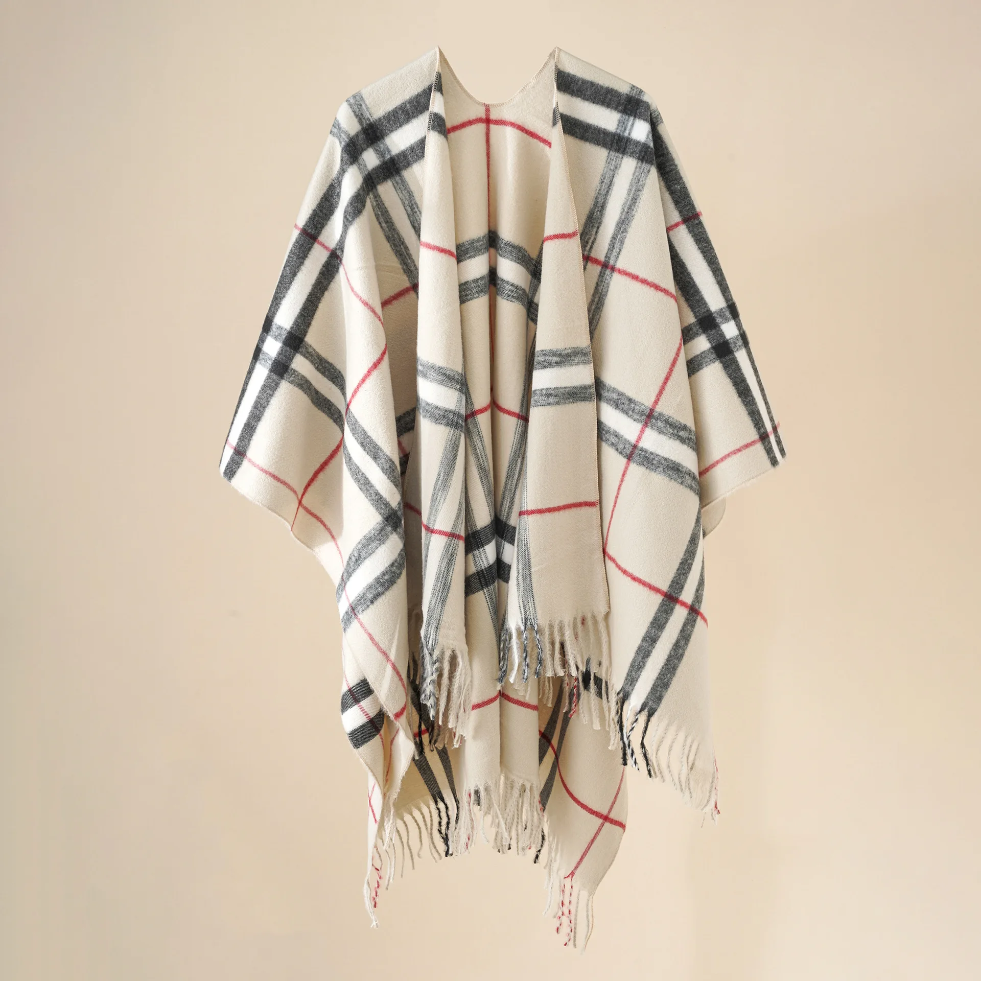 2024 new gradient plaid shawl with outer cloak autumn and winter blanket warm tassel jacket