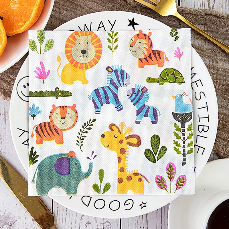 33*33cm 1/4 Fold Napkin Tissue Paper Beverage Colorful Disposable Cute  Cartoon Animal design 2 Ply Printed Cocktail Napkins