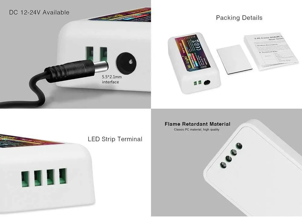 Wireless LED Controller 2.4G 4-Zone RGB+CCT RGBW LED Controller Compatible with Alexa Google Home via Gateway