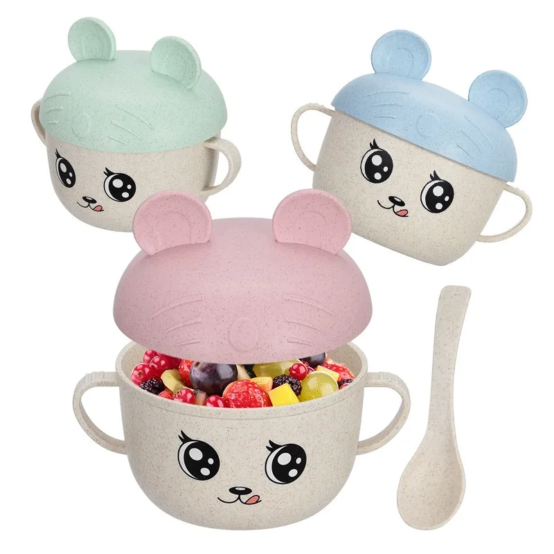 New creative children solid food bowl baby binaural wheat straw tableware suit cartoon children Bowl Spoon suit