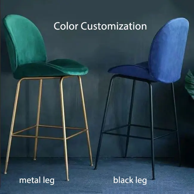 Fashion Metal Chair Barstool with 75cm Height Blue Velvet Upholstered Seat Gold Leg Bar Chairs