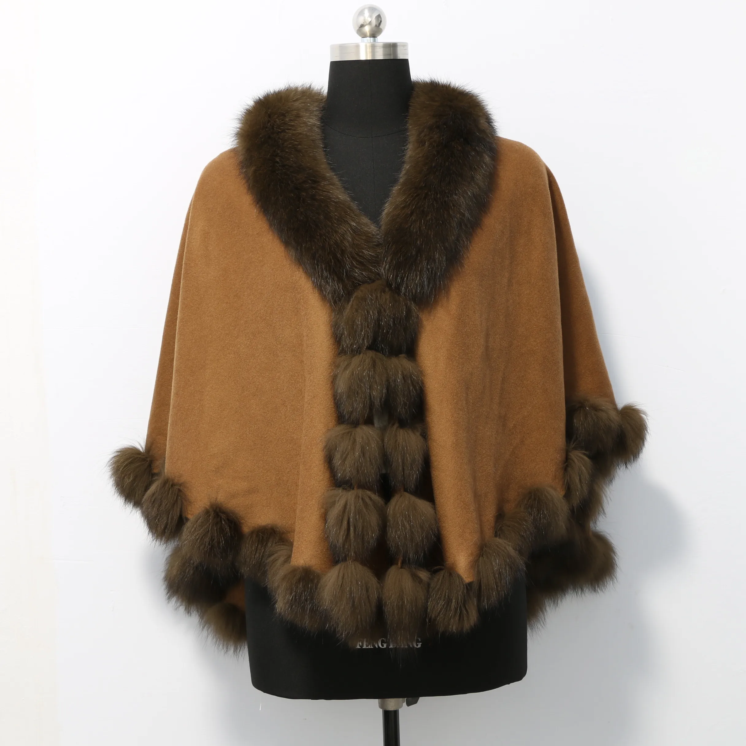 FFactory Price Cashmere Poncho Cape Femme Hiver Double Straight Fox Fur Trim Capa Mujer Big Size Shawl