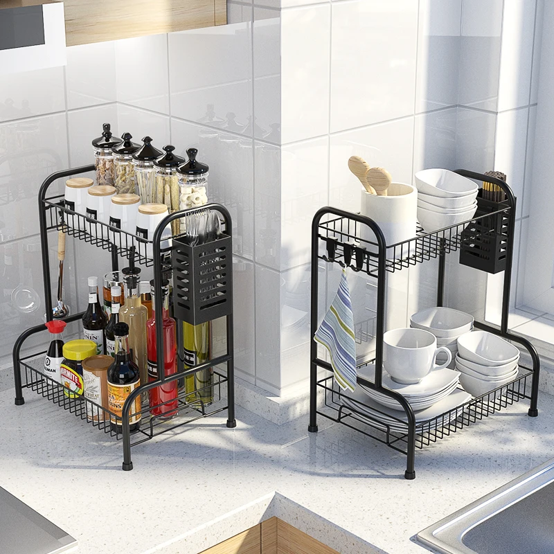 2 layer metal station type supplies corner stand spice storage organizers shelf rack for decorate kitchen