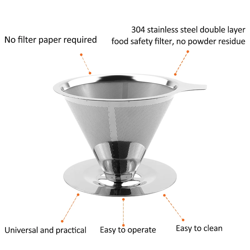 Double Mesh Liner Cold Brewed Portable 304 Drip Pour Over Reusable Stainless Steel Dripper Coffee Filter