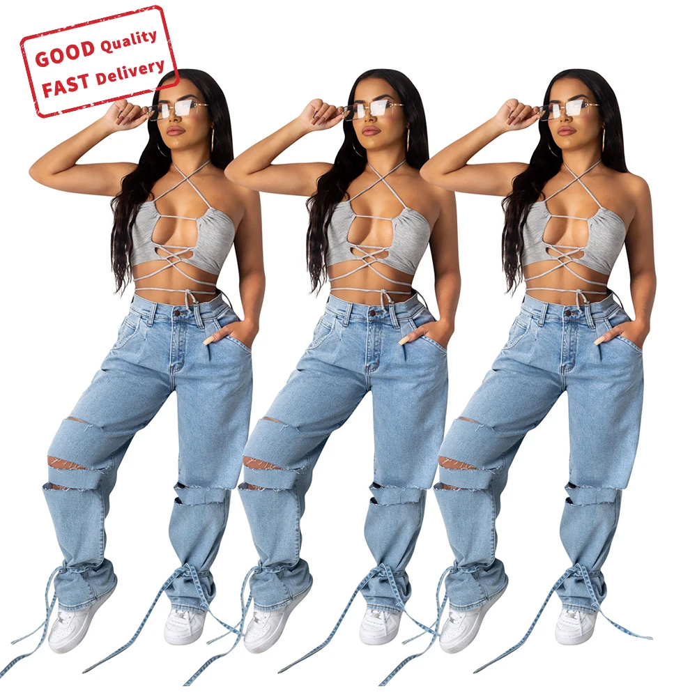 
GQ1100 fall winter ladies jeans washed ripped holes tied wide loose high waist wide leg pants fashion casual women jeans 