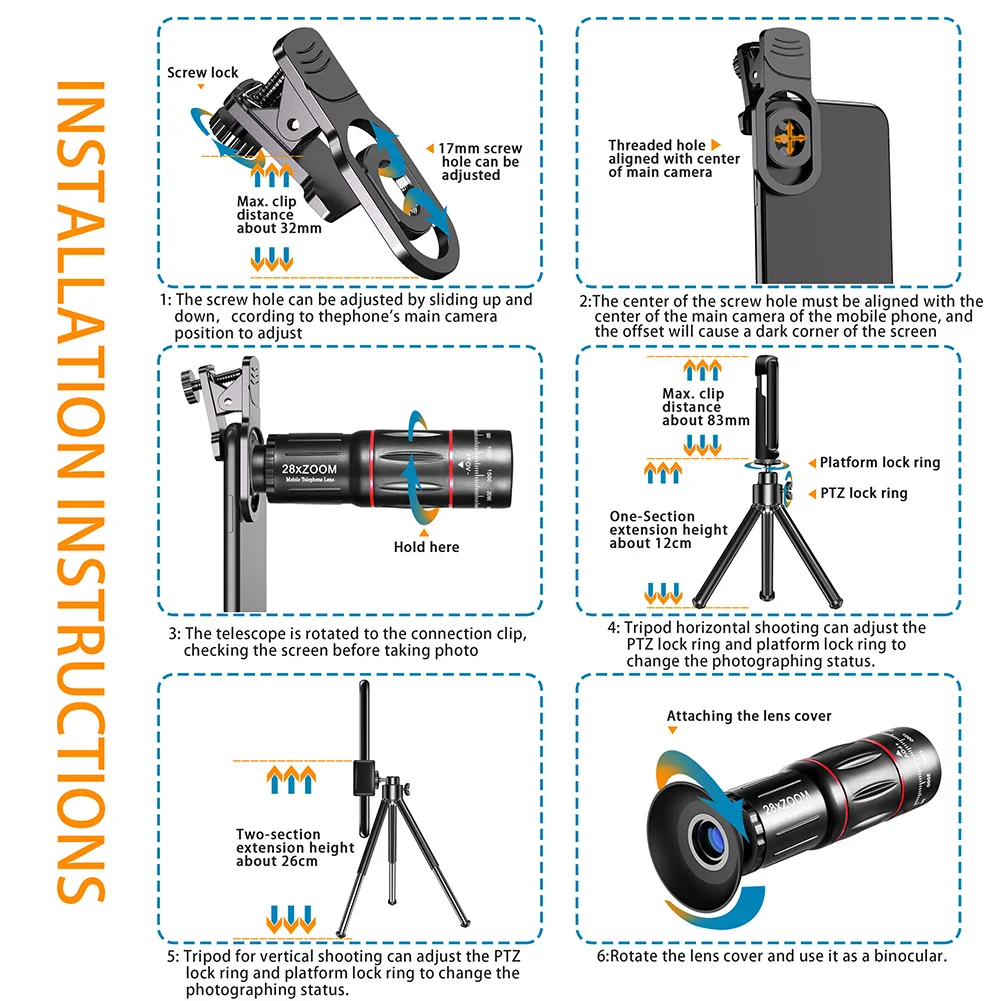 4In1 198Degrees Fisheye Mobile Lenses 28X Telephoto Camera Zoom Lens
