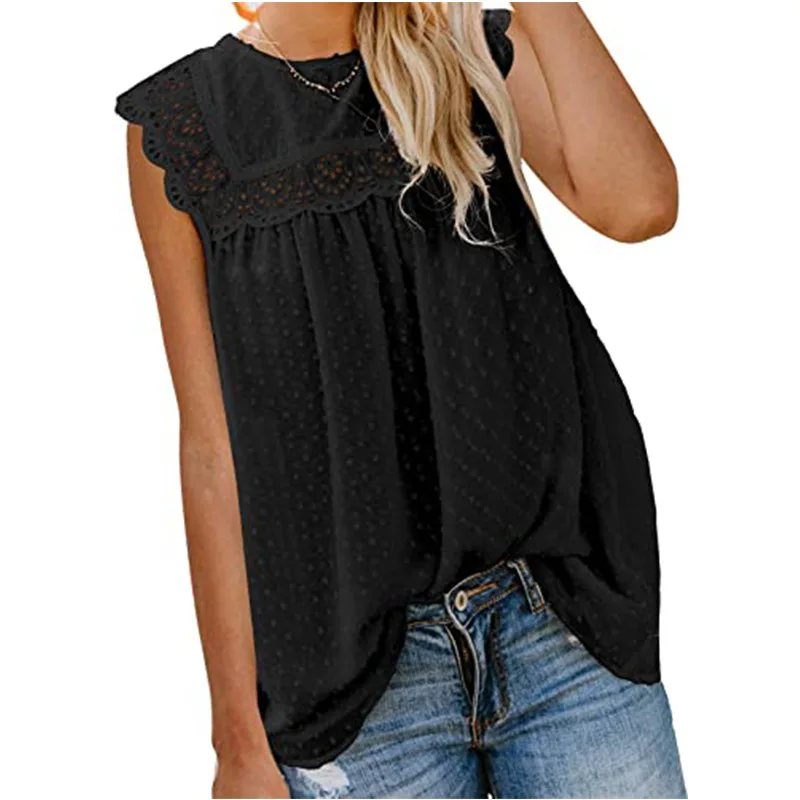 Women Blouse Chiffon Tank Tops Fashionable Summer Blouse 2021 O Neck Short Sleeve Crochet Dot Boho Women Shirt / Blouse Casual