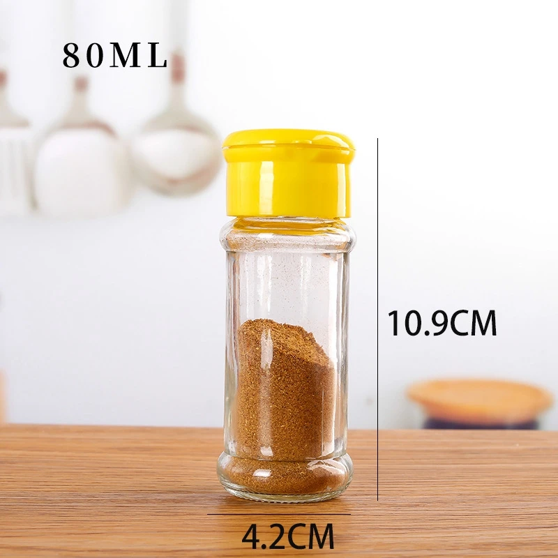 Recycled 70ml 100ml Round Glass Spice Jars Glass Condiment  Pepper Storage Jar with Green Red Yellow Black Plastic Shaker Lids