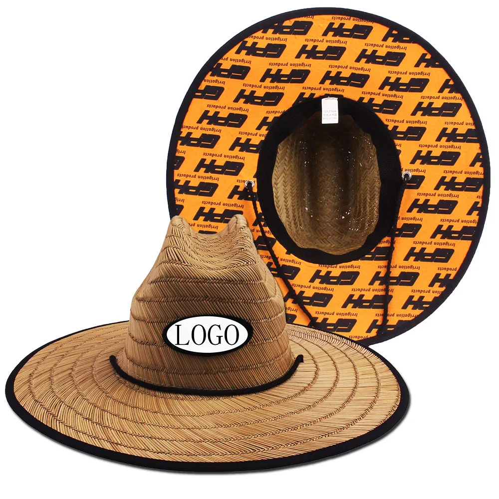 Factory Customized Underbrim Printing Fashion Travel Vacation Fashion Lifeguard Straw Hat Seaside Beach Brim Hollow Straw Hat