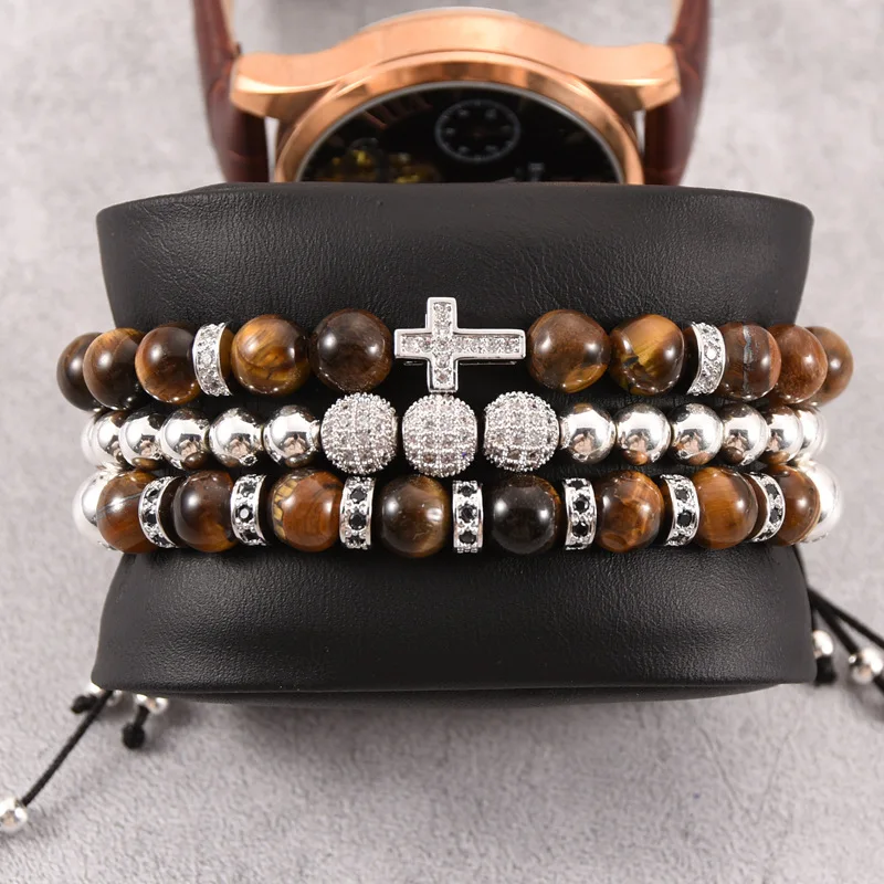 European Hot Selling Luxury 3Pcs/Set Handmade Braiding Adjustable Micro Inlaid Zircon Cross Charm Tiger Eye Bead Bracelet Set
