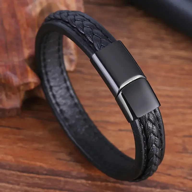 Luxury Hand-Woven Combination Stitching Stainless Steel Leather Bracelet Black Brown Genuine Leather Bangles Jewelry Gift OT-066