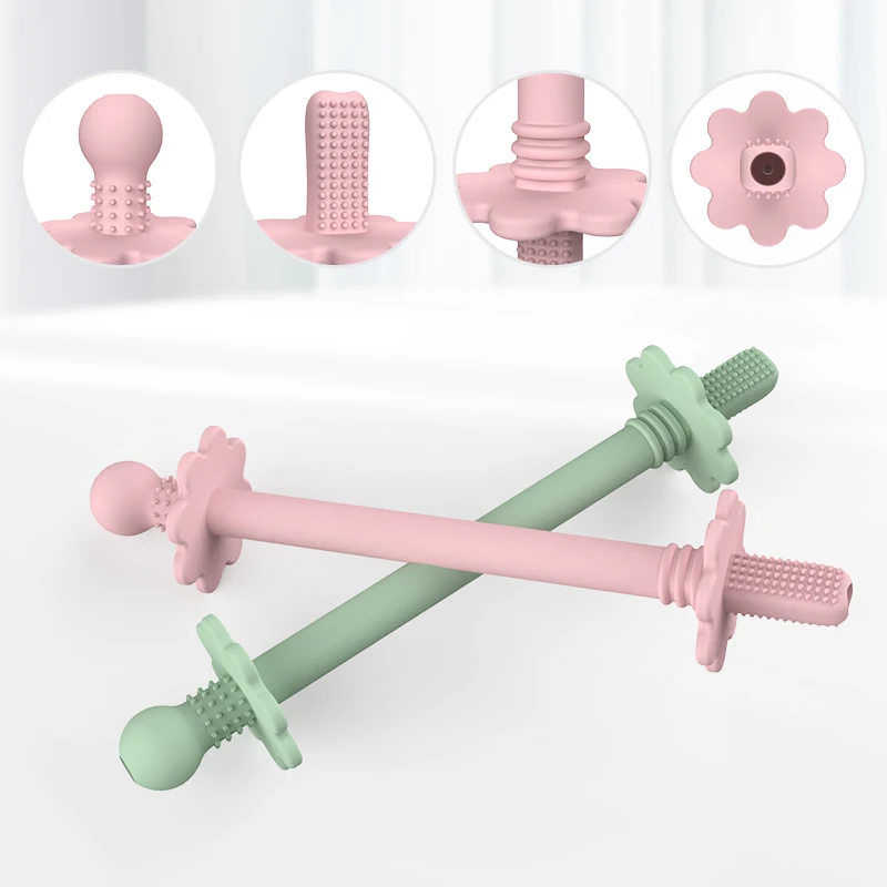 Manufacture Custom Child Silicone Teether With Brush Teething Shaped Toothbrush Stick For Baby