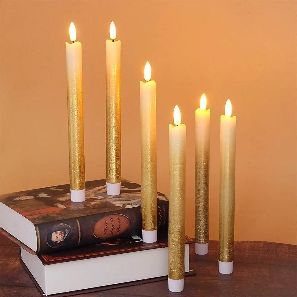 6PCS Paraffin Wax 3D Flickering Flameless Taper Candles with Remote and Timer Function,For Wedding Holiday Decoration