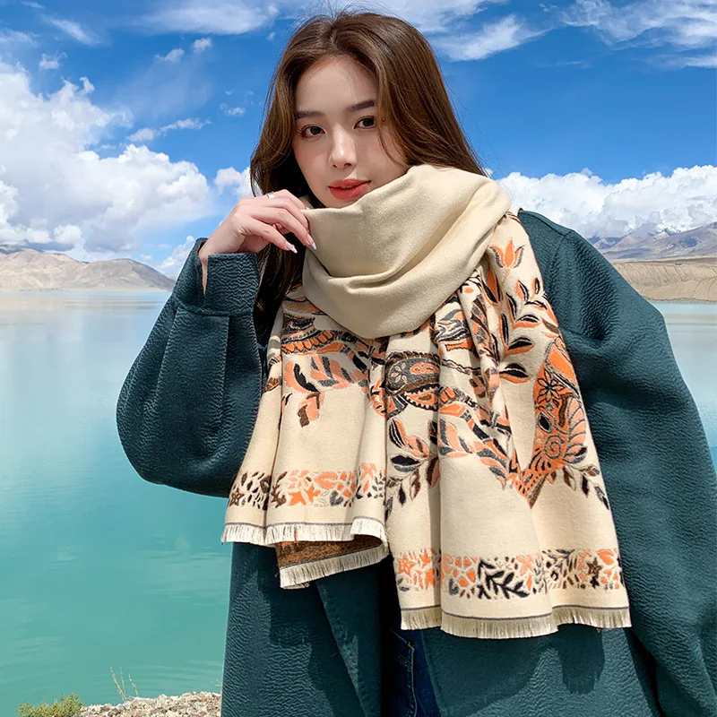 Autumn and Winter New Imitation Cashmere Scarf Female Geometric Print Outdoor Keep Warm Soft Scarf Shawl 185*65cm Hijab Women