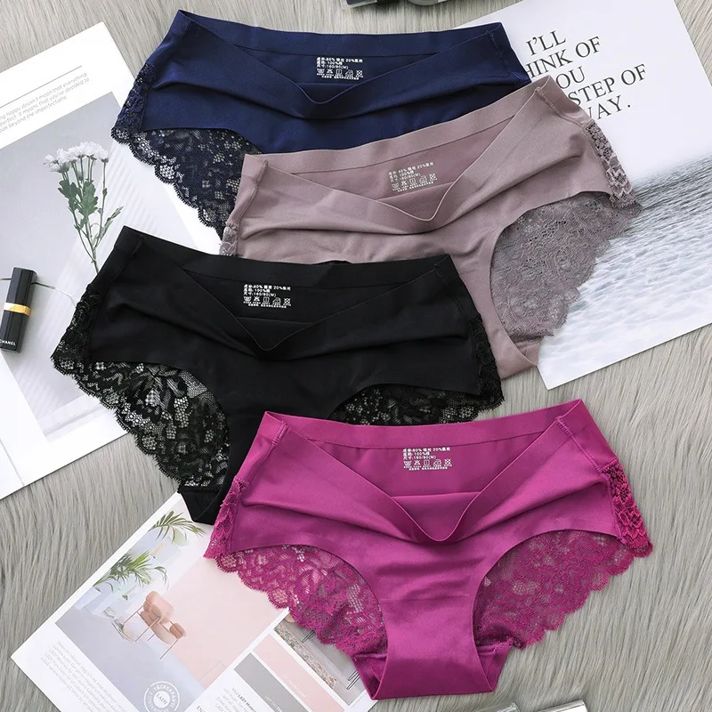 Ice Silk Feeling Seamless Sexy Lace Lady Hipster Briefs Seamless Breathable Women Under Panties Mid Rise Women Briefs