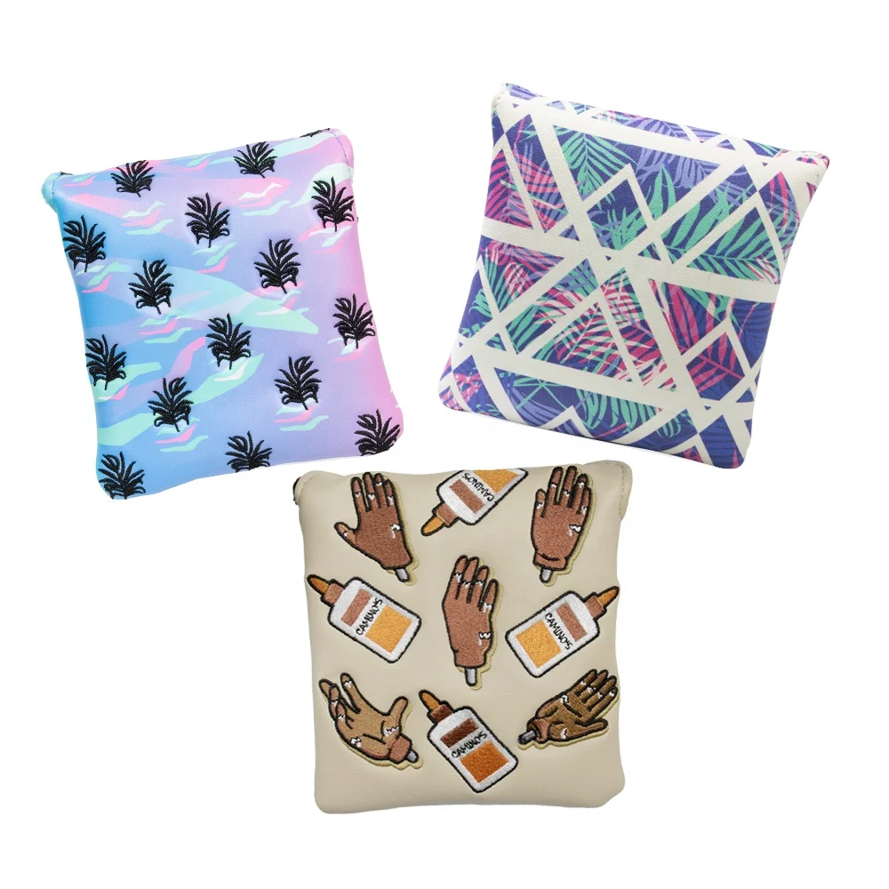 Yopral OEM Custom Black PU Leather Magnetic Embroidery Tag Golf Club Putter Cover Mallet Putter Head Cover Square