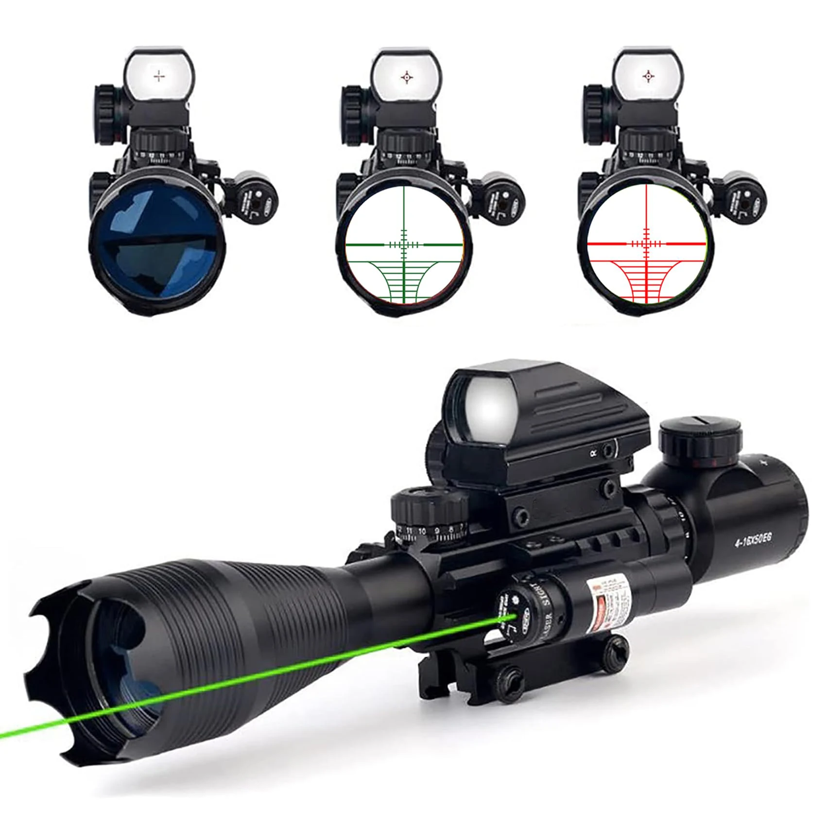 Factory Combo Series C4-16X50 Scope Red Green Illumination W/Green Laser Sight and Reflex Red Dot Sight Accessories