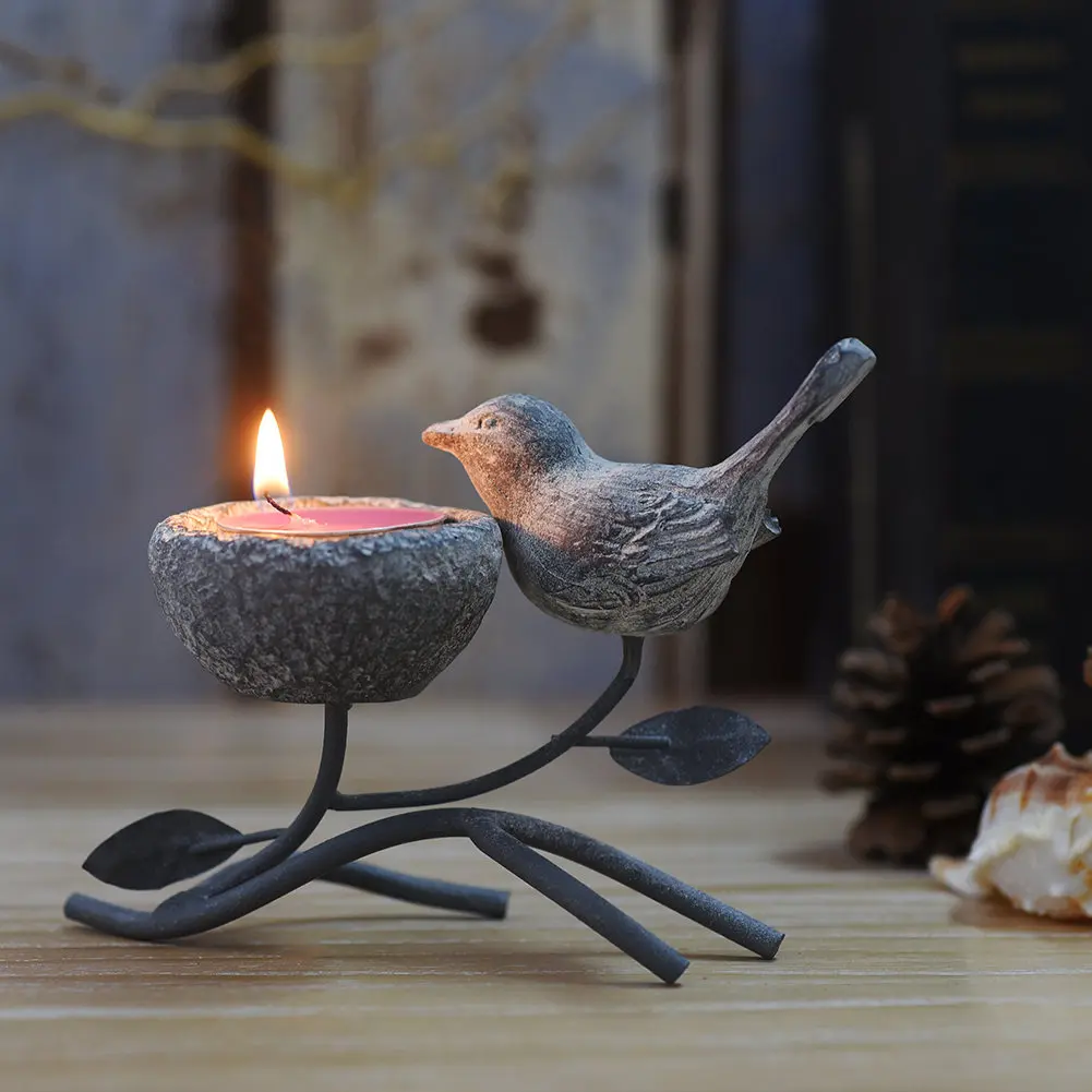 
Retro Home Decoration Table Central Decoration Resin Bird Country Style Iron Branch Wishing Candle Holder Grey Black 