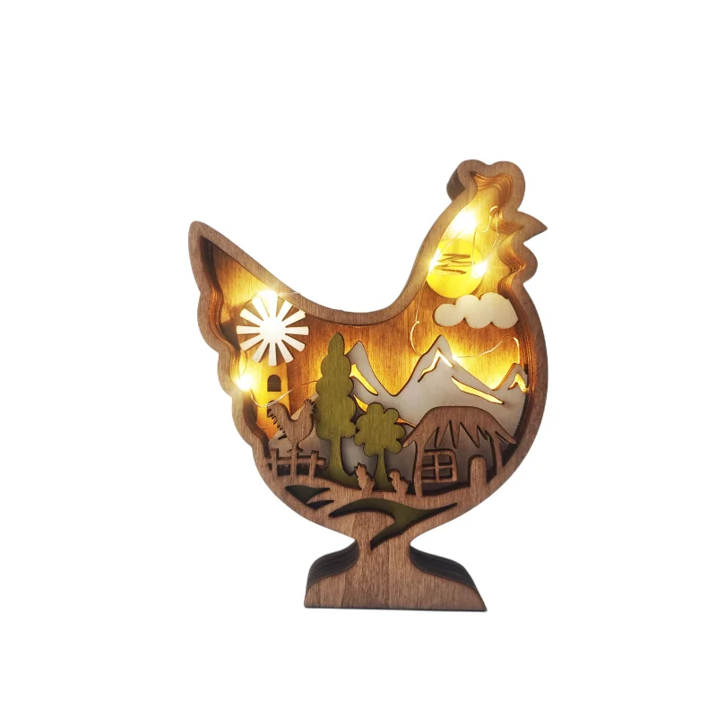 3D Wooden Multi-Layer Animals Craft Ornament with Light Home Decore pig chicken horse Wooden Carving Animals