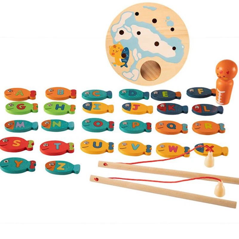 2 in 1 Fishing Game 30 PCS Wooden Magnetic Alphabet Fishing Toys Counting Preschool Board Games Toys for  Kids