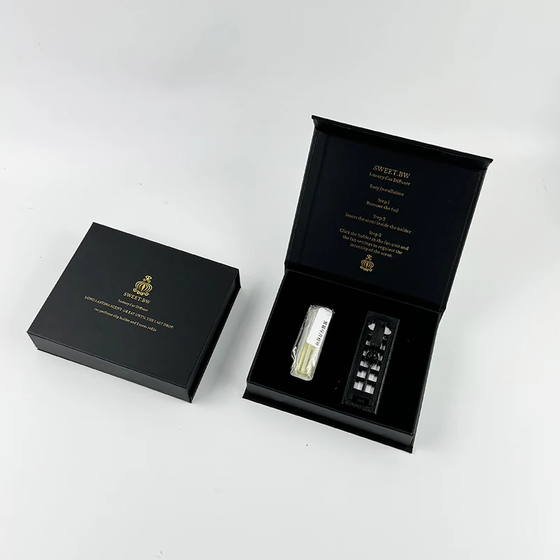 luxury Custom car perfume diffuser car air freshener bottle black magnetic gift box packaging