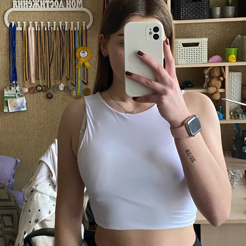 Ehanking Women Sexy Slim Tops O-neck Sleeveless Ladies Good Quality Double Nylon Tank Tops Summer Fashion Ladies Clothing Vest