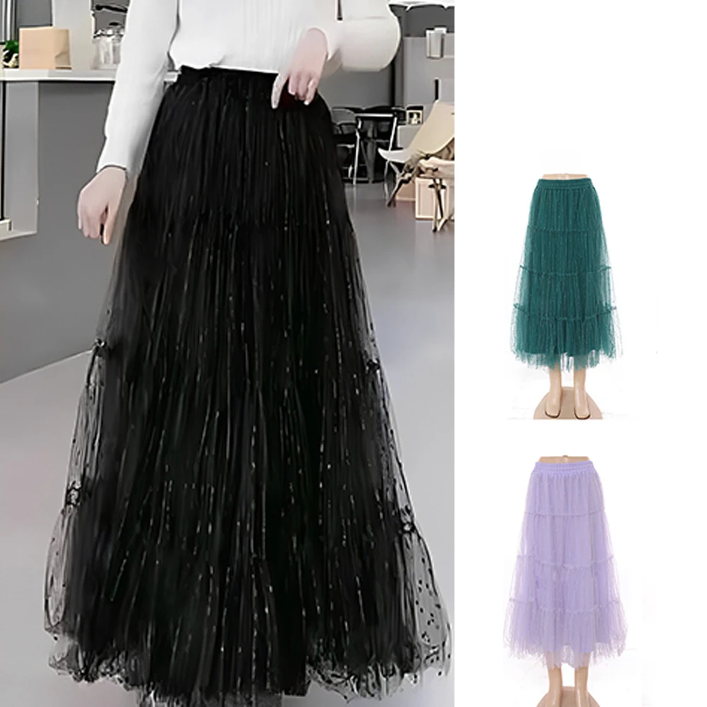 High quality summer irregular skirts Gold thread dot A-line mesh casual ruffle skirt women skirts elegant
