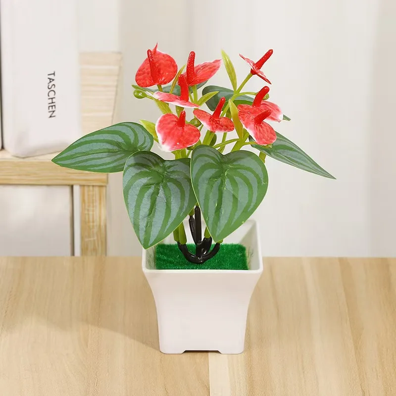 Artificial plant indoor anthurium feel fake flower simulation pot home office decoration small pot tabletop decoration
