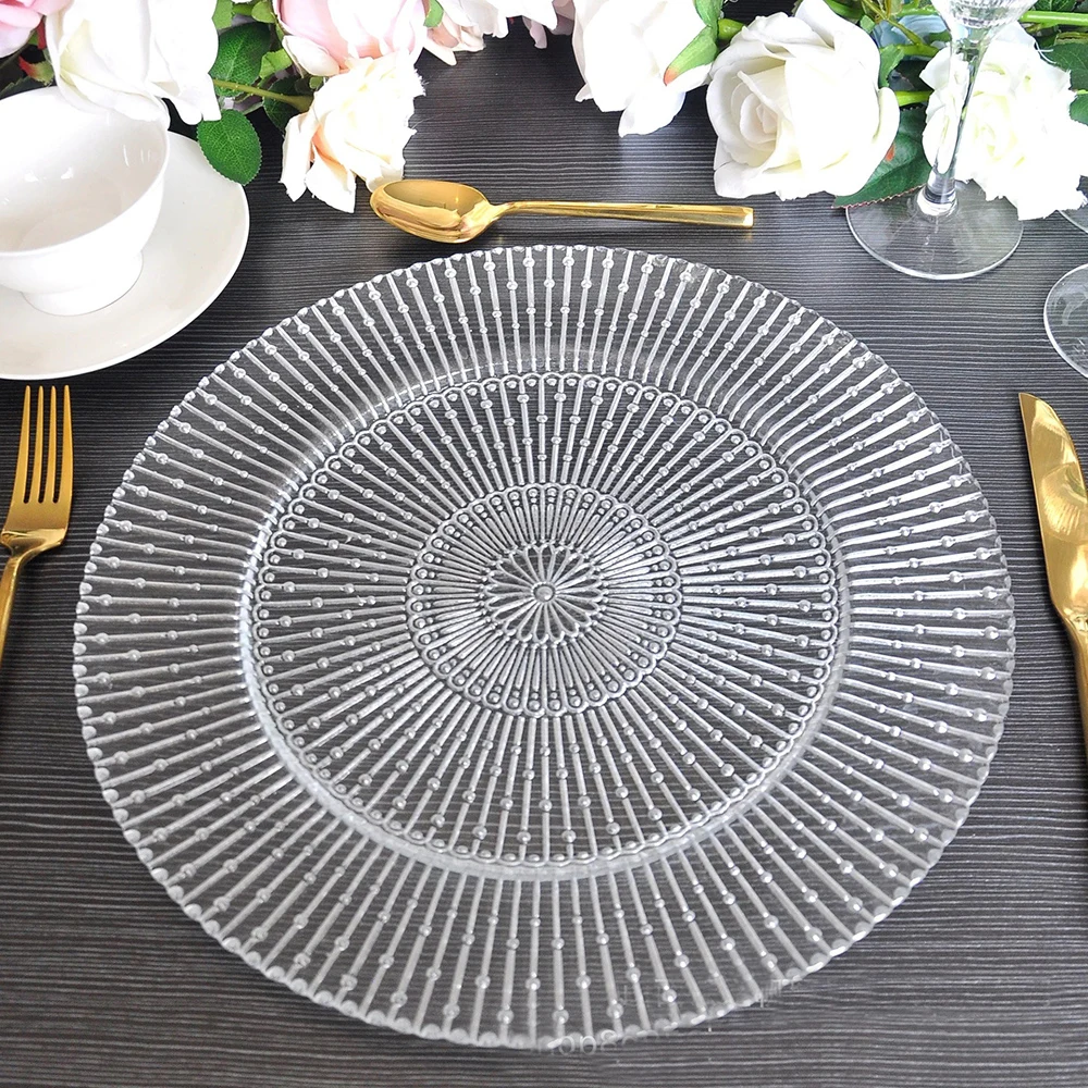 Wholesale Wedding Event Party Decoration Clear Glass Charger Plate Dinnerware Sets Exquisite Patterns Wedding Charger Plates
