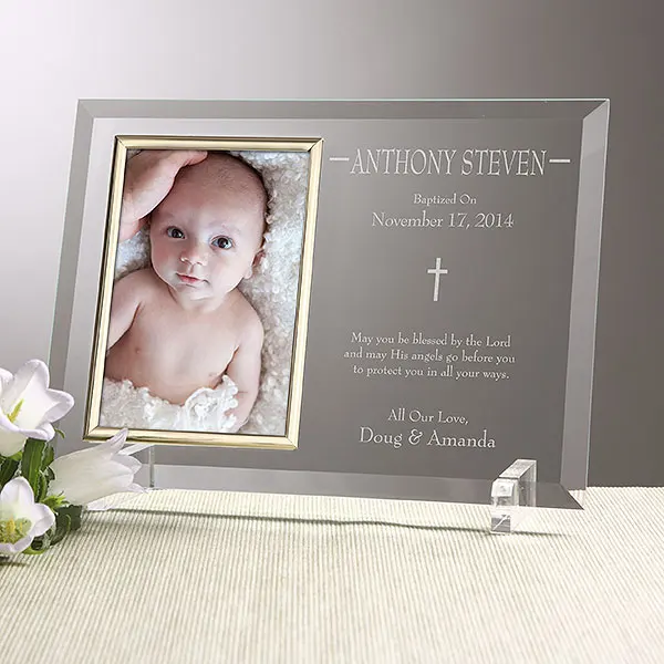 Laser Etched Glass Communion Picture Frame For Religious Gift Customized Crystal Photo Frame Favors