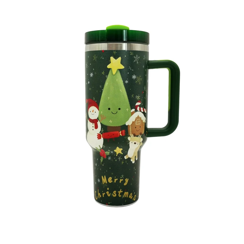 New Arrival Merry Christmas Sublimation Double Wall 304 Stainless Steel Christmas Printing 40oz Tumbler Coffee Mug with Handle