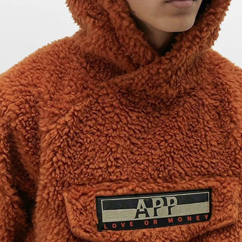 Streetwear Men Custom Logo Patch Oversized Thick Soft Teddy Warm Hoodie Sherpa Fleece Hoodie