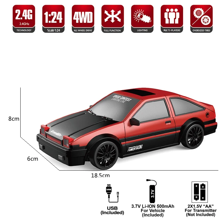 2.4G 1:24 Remote control racing car 4WD Drift  Car with Light 15km/h Race Car with Replaceable Tires and Obstacles
