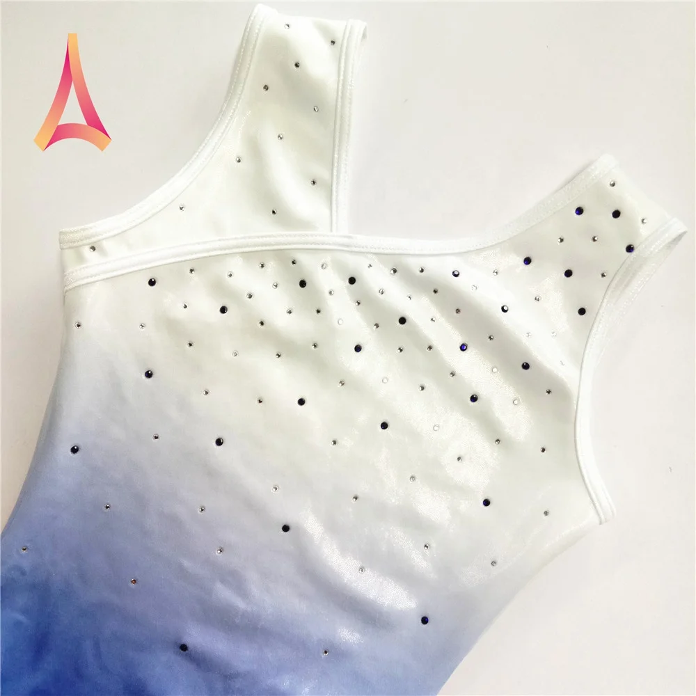 Pearl White to Blue ombre Girls Gymnastics Leotard with asymmetric neckline