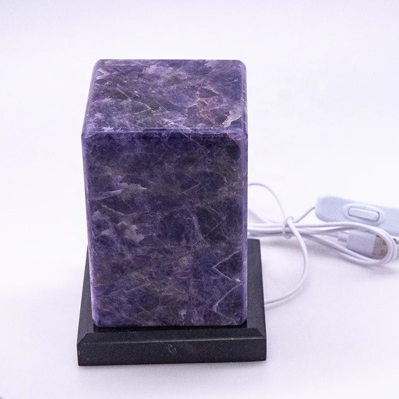 Natural healing quartz wooden base rainbow fluorite lamp standing night light purple amethyst fluorite crystal lamp gifts