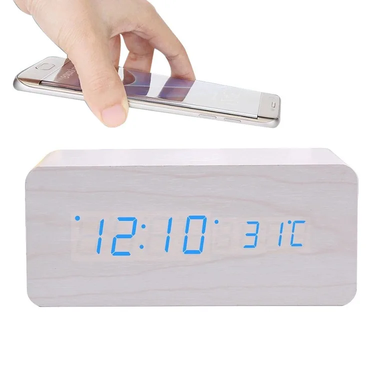 LED digital display wood alarm clock electronic desktop home mobile phone wireless charging clock